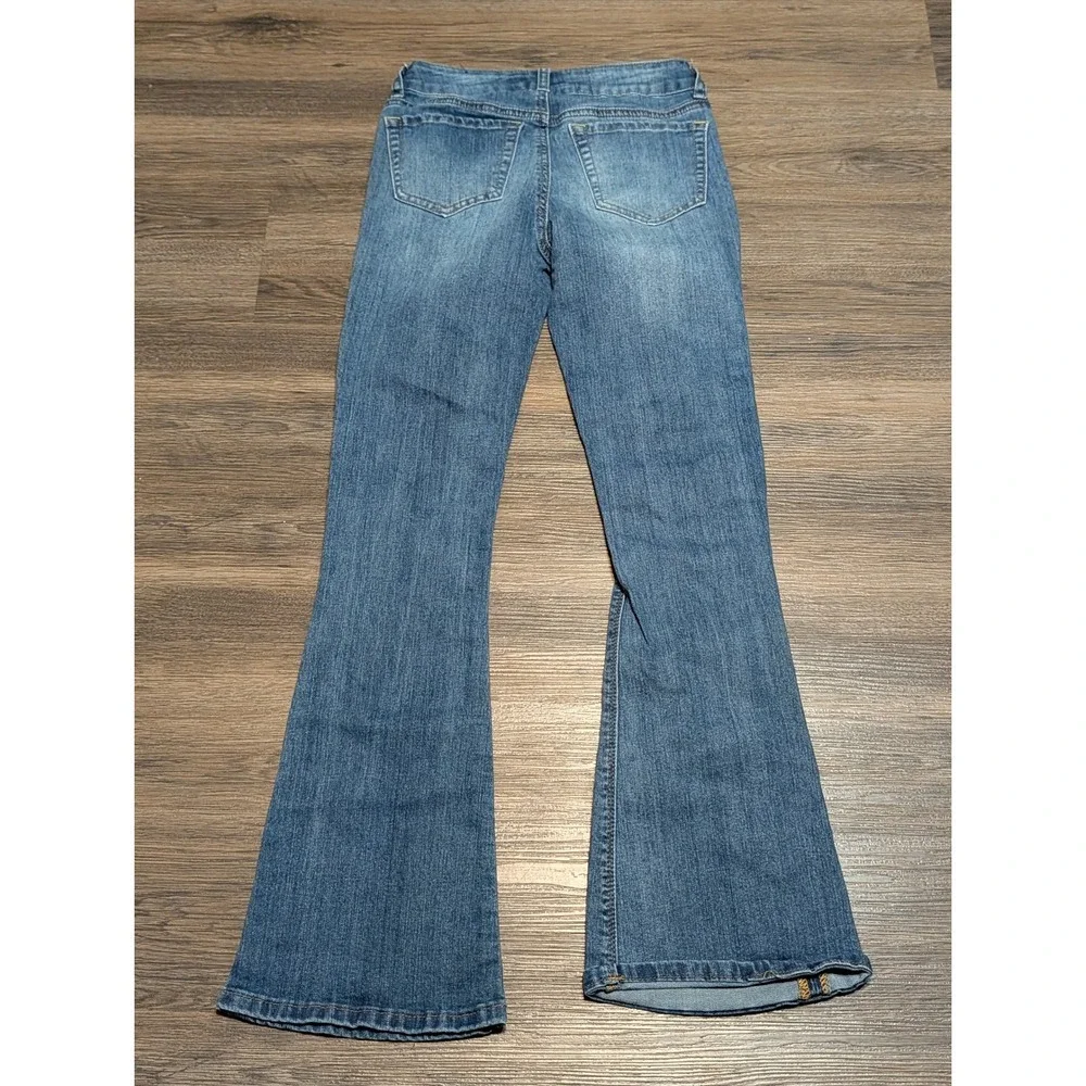 rue21 Womens Mid Rise Flare Jeans Blue Distressed Ripped Denim Size 0 RN70829